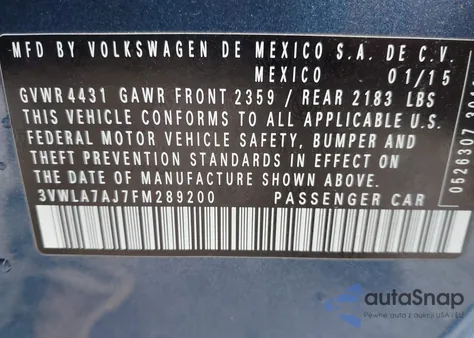 2015 Volkswagen Jetta 2.0L Tdi S z USA, uszkodzony, nr VIN 3VWLA7AJ7FM289200